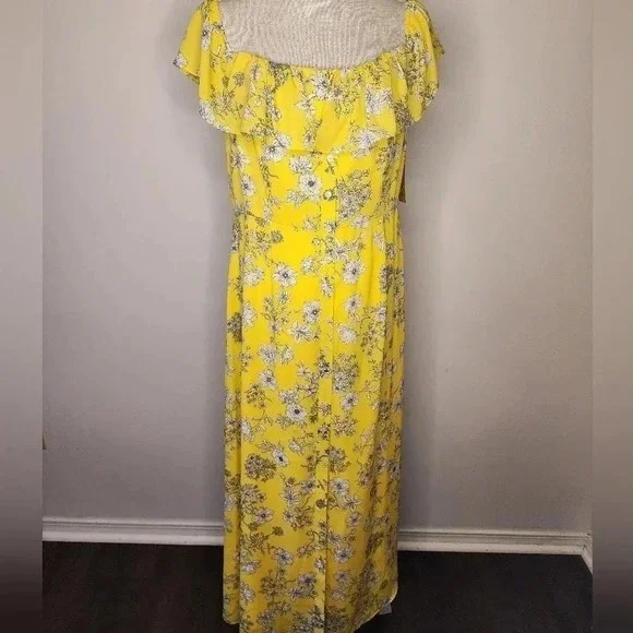 Gianni Bini Aida Floral  Print Off Shoulder Dress Yellow / Ivory Size L NWT - Picture 5 of 15